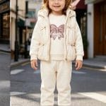 Детски комплект Butterfly Bow в кремав цвят със суитшърт, панталон и елек с панделки.