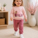 Детски розов комплект Dolce Bear с блуза с мече и панталон за момиче 12–36 месеца.
