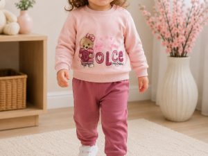 Детски розов комплект Dolce Bear с блуза с мече и панталон за момиче 12–36 месеца.