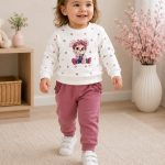 Детски комплект Sweet Mouse с бяла блуза на розови точки и розов панталон за момиче 12–36 месеца.