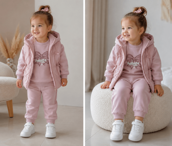 Детски комплект Rose Butterfly от три части в цвят пепел от рози-суитшърт, панталон и елек с качулка и панделки.