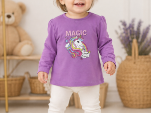 Едногодишно момиче с лилава детска блуза Magic Unicorn с дълъг ръкав.