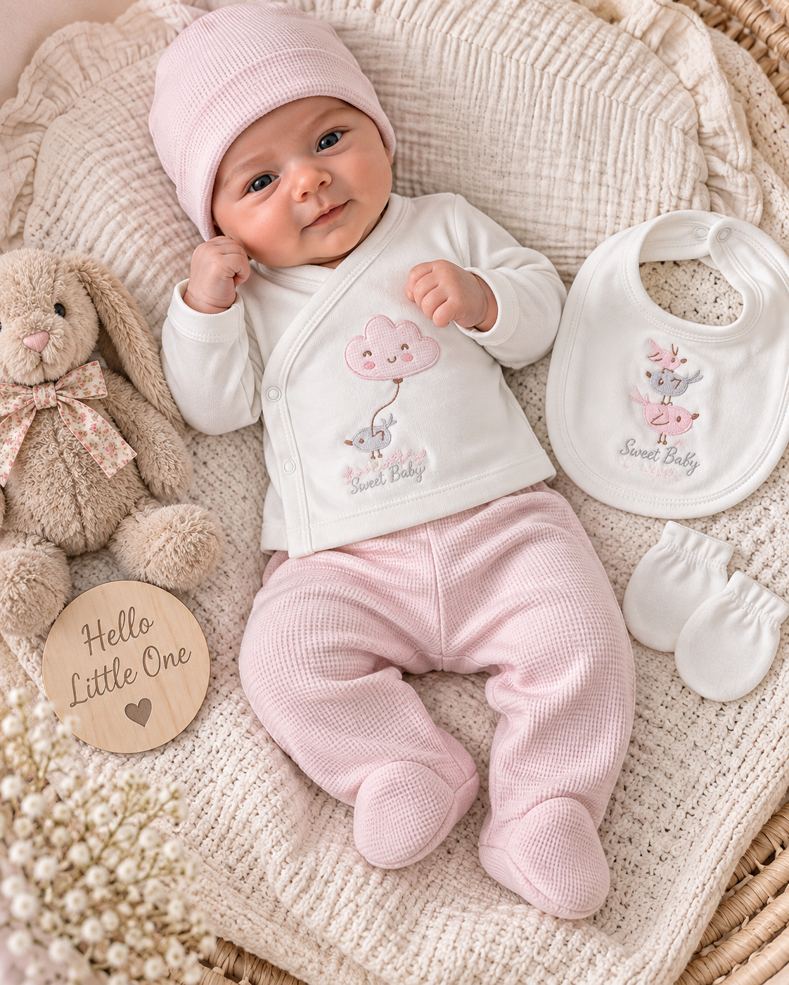 Бебешки розов комплект за новородено „Sweet Baby“ от 5 части
